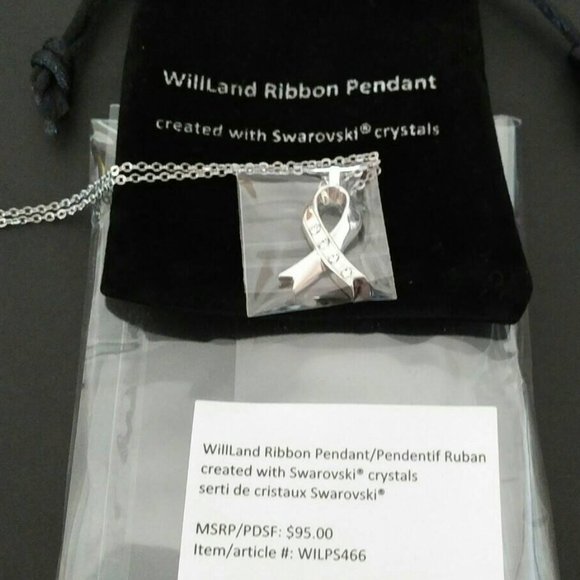 NEW Silver 925 Necklace with Ribbon Pendant, Clear Swarovski Crystals - Picture 5 of 7